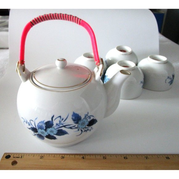 Vintage Golden China Asian Tea Set - 4 Cups & Pot Blue Floral - Ceramic Taiwan - Picture 13 of 16